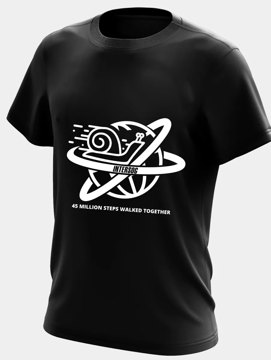 Black T-shirt with the snail logo printed in white